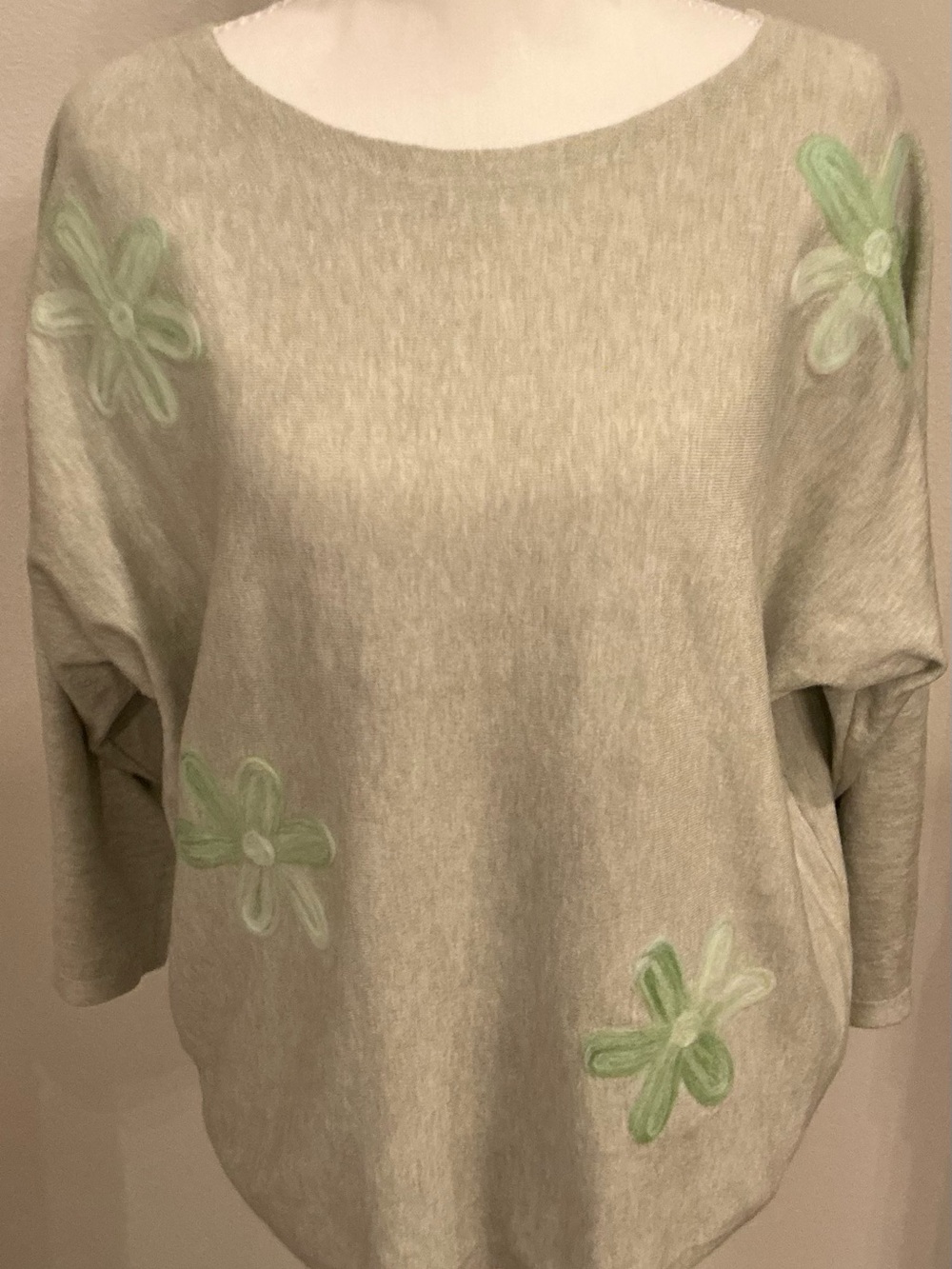 Women's Light Gray Sweater with Mint Green Floral Accents